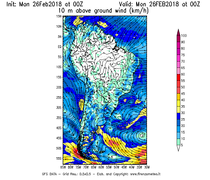 Mappa di analisi GFS - Velocità del vento a 10 metri dal suolo [km/h] in Sud-America
							del 26/02/2018 00 <!--googleoff: index-->UTC<!--googleon: index-->