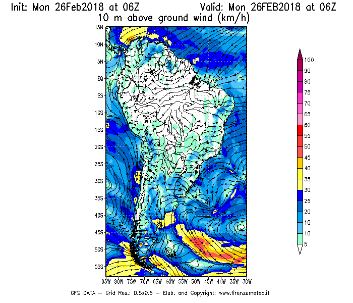 Mappa di analisi GFS - Velocità del vento a 10 metri dal suolo [km/h] in Sud-America
							del 26/02/2018 06 <!--googleoff: index-->UTC<!--googleon: index-->