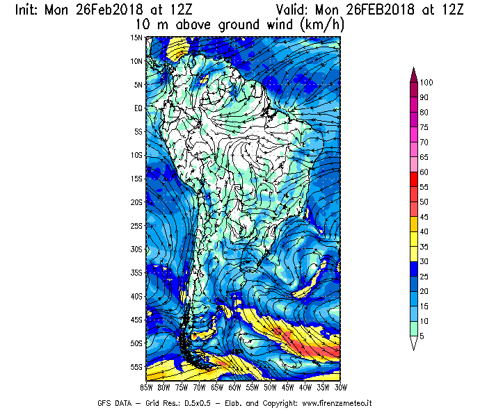 Mappa di analisi GFS - Velocità del vento a 10 metri dal suolo [km/h] in Sud-America
							del 26/02/2018 12 <!--googleoff: index-->UTC<!--googleon: index-->