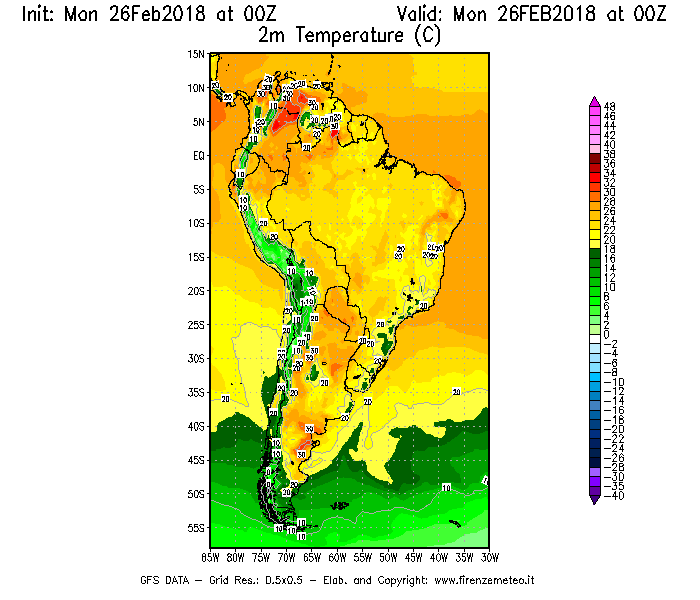 Mappa di analisi GFS - Temperatura a 2 metri dal suolo [°C] in Sud-America
							del 26/02/2018 00 <!--googleoff: index-->UTC<!--googleon: index-->