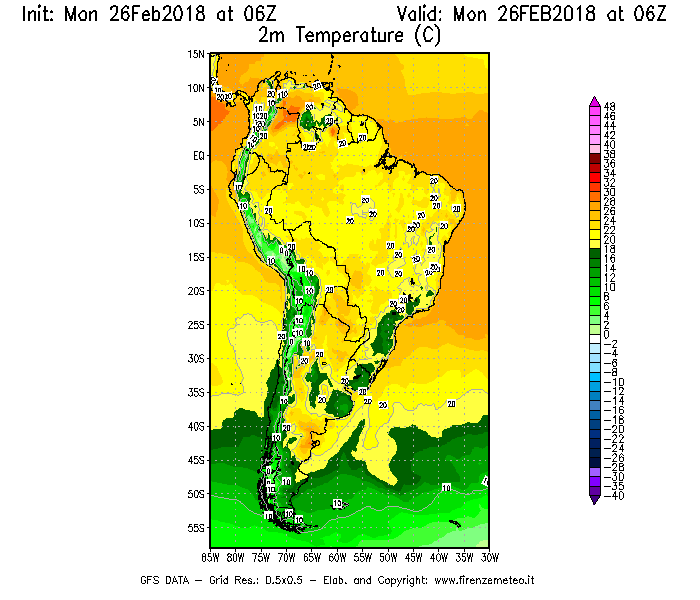 Mappa di analisi GFS - Temperatura a 2 metri dal suolo [°C] in Sud-America
							del 26/02/2018 06 <!--googleoff: index-->UTC<!--googleon: index-->