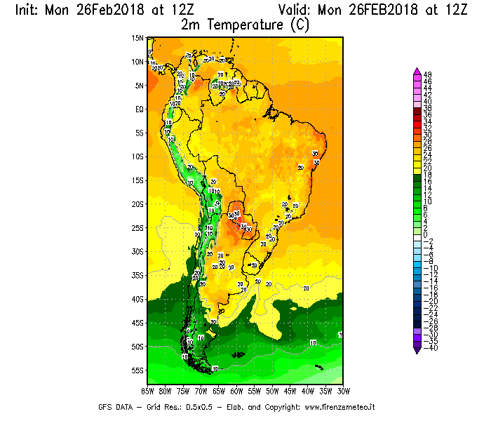 Mappa di analisi GFS - Temperatura a 2 metri dal suolo [°C] in Sud-America
							del 26/02/2018 12 <!--googleoff: index-->UTC<!--googleon: index-->