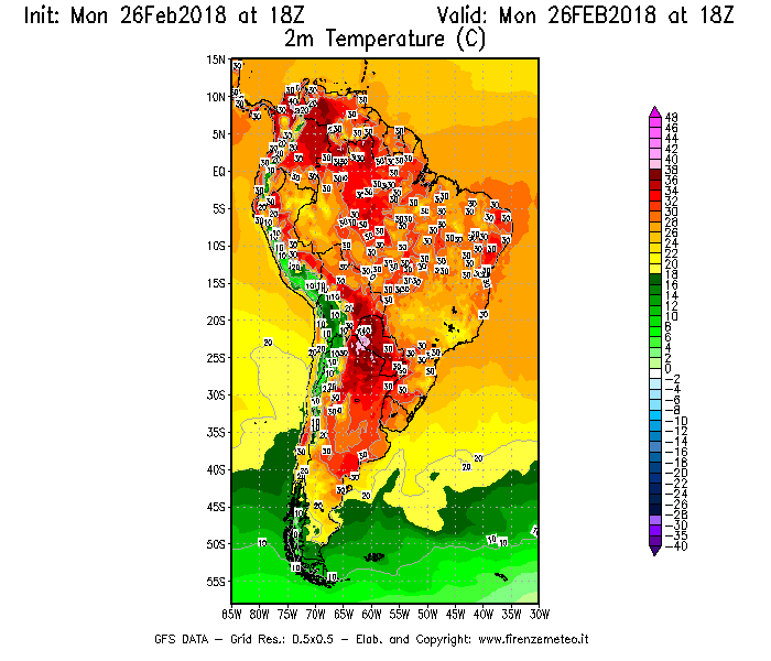 Mappa di analisi GFS - Temperatura a 2 metri dal suolo [°C] in Sud-America
							del 26/02/2018 18 <!--googleoff: index-->UTC<!--googleon: index-->