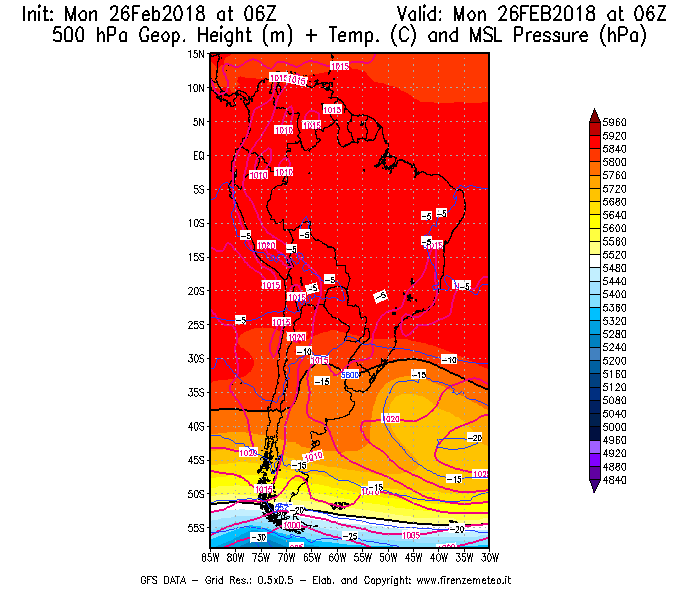 Mappa di analisi GFS - Geopotenziale [m] + Temp. [°C] a 500 hPa + Press. a livello del mare [hPa] in Sud-America
							del 26/02/2018 06 <!--googleoff: index-->UTC<!--googleon: index-->