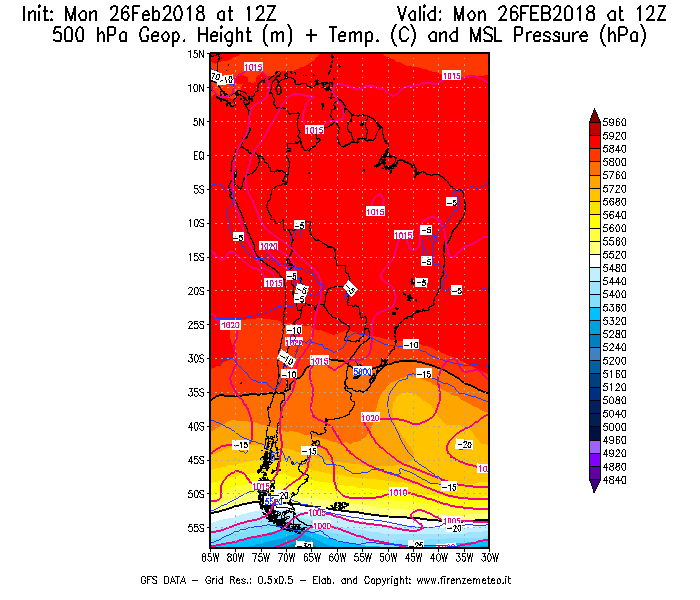 Mappa di analisi GFS - Geopotenziale [m] + Temp. [°C] a 500 hPa + Press. a livello del mare [hPa] in Sud-America
							del 26/02/2018 12 <!--googleoff: index-->UTC<!--googleon: index-->