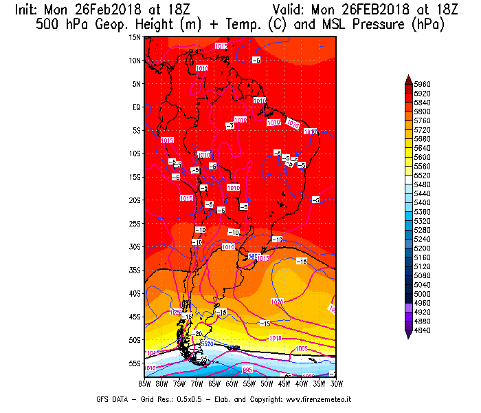 Mappa di analisi GFS - Geopotenziale [m] + Temp. [°C] a 500 hPa + Press. a livello del mare [hPa] in Sud-America
							del 26/02/2018 18 <!--googleoff: index-->UTC<!--googleon: index-->