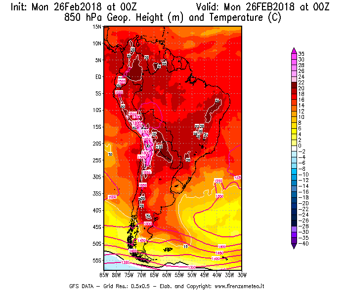Mappa di analisi GFS - Geopotenziale [m] e Temperatura [°C] a 850 hPa in Sud-America
							del 26/02/2018 00 <!--googleoff: index-->UTC<!--googleon: index-->