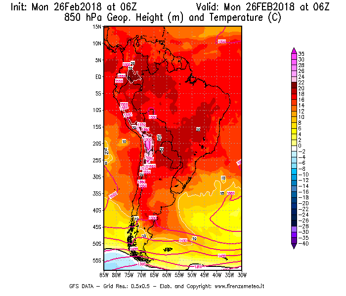 Mappa di analisi GFS - Geopotenziale [m] e Temperatura [°C] a 850 hPa in Sud-America
							del 26/02/2018 06 <!--googleoff: index-->UTC<!--googleon: index-->