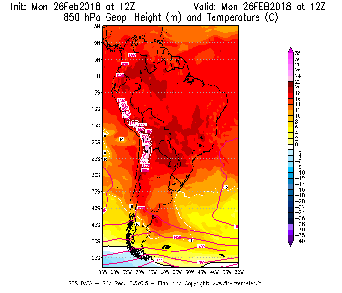 Mappa di analisi GFS - Geopotenziale [m] e Temperatura [°C] a 850 hPa in Sud-America
							del 26/02/2018 12 <!--googleoff: index-->UTC<!--googleon: index-->