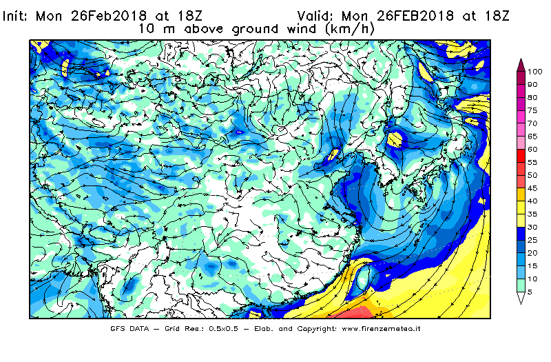 Mappa di analisi GFS - Velocità del vento a 10 metri dal suolo [km/h] in Asia Orientale
							del 26/02/2018 18 <!--googleoff: index-->UTC<!--googleon: index-->