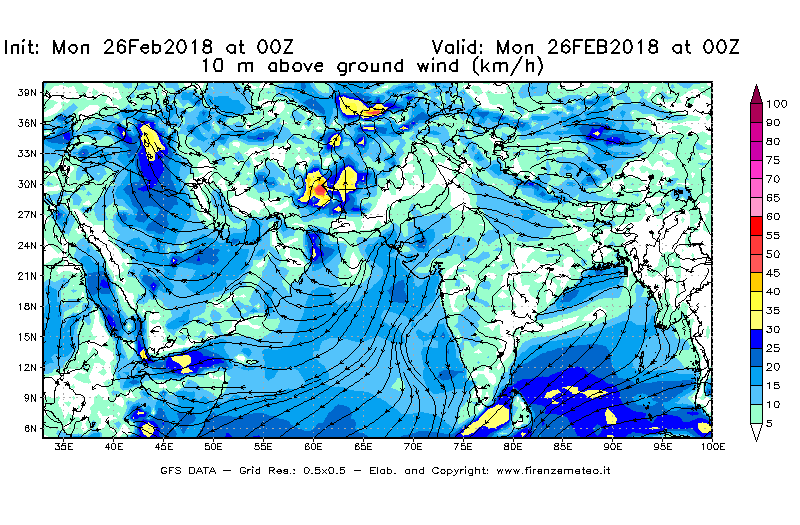 Mappa di analisi GFS - Velocità del vento a 10 metri dal suolo [km/h] in Asia Sud-Occidentale
							del 26/02/2018 00 <!--googleoff: index-->UTC<!--googleon: index-->