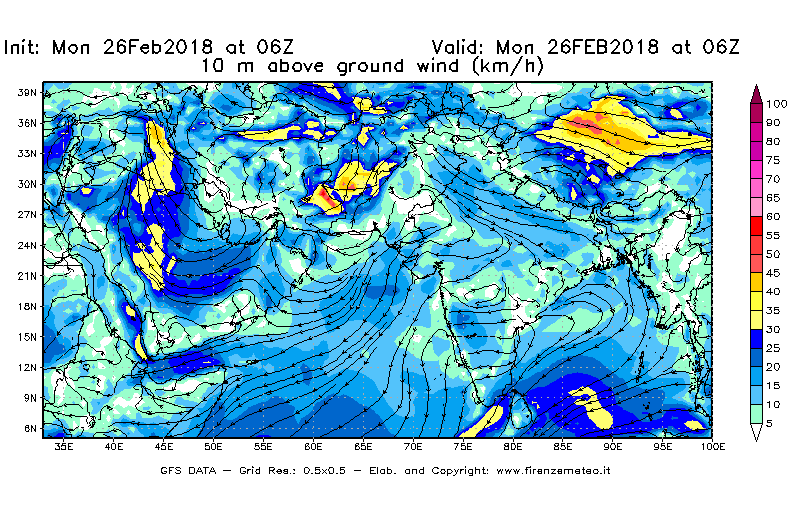 Mappa di analisi GFS - Velocità del vento a 10 metri dal suolo [km/h] in Asia Sud-Occidentale
							del 26/02/2018 06 <!--googleoff: index-->UTC<!--googleon: index-->