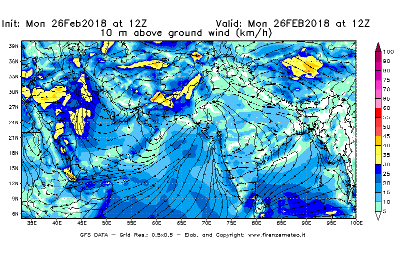 Mappa di analisi GFS - Velocità del vento a 10 metri dal suolo [km/h] in Asia Sud-Occidentale
							del 26/02/2018 12 <!--googleoff: index-->UTC<!--googleon: index-->