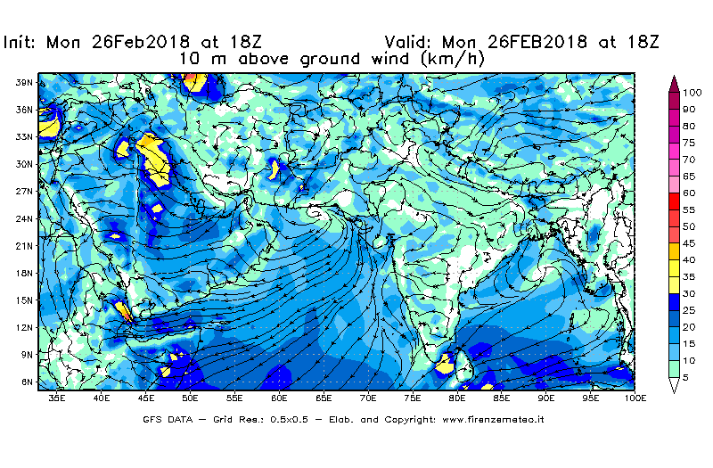 Mappa di analisi GFS - Velocità del vento a 10 metri dal suolo [km/h] in Asia Sud-Occidentale
							del 26/02/2018 18 <!--googleoff: index-->UTC<!--googleon: index-->