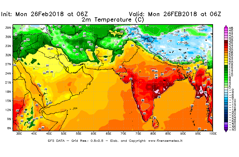 Mappa di analisi GFS - Temperatura a 2 metri dal suolo [°C] in Asia Sud-Occidentale
							del 26/02/2018 06 <!--googleoff: index-->UTC<!--googleon: index-->