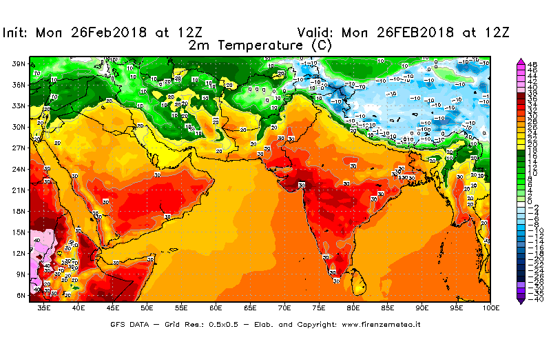 Mappa di analisi GFS - Temperatura a 2 metri dal suolo [°C] in Asia Sud-Occidentale
							del 26/02/2018 12 <!--googleoff: index-->UTC<!--googleon: index-->
