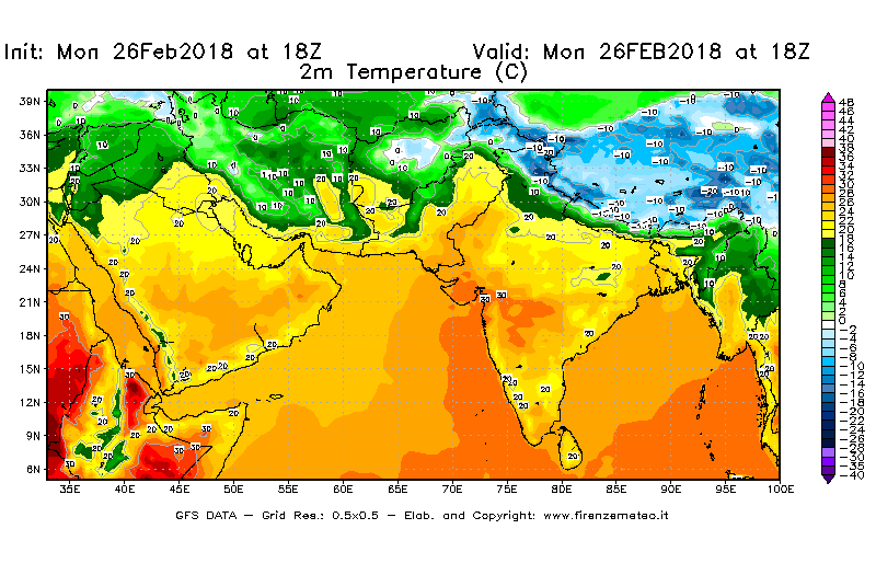 Mappa di analisi GFS - Temperatura a 2 metri dal suolo [°C] in Asia Sud-Occidentale
							del 26/02/2018 18 <!--googleoff: index-->UTC<!--googleon: index-->