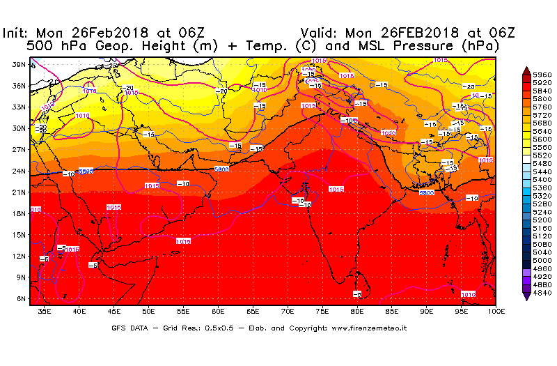 Mappa di analisi GFS - Geopotenziale [m] + Temp. [°C] a 500 hPa + Press. a livello del mare [hPa] in Asia Sud-Occidentale
							del 26/02/2018 06 <!--googleoff: index-->UTC<!--googleon: index-->