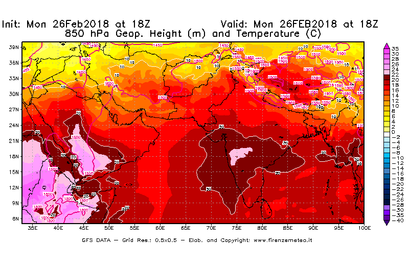 Mappa di analisi GFS - Geopotenziale [m] e Temperatura [°C] a 850 hPa in Asia Sud-Occidentale
							del 26/02/2018 18 <!--googleoff: index-->UTC<!--googleon: index-->