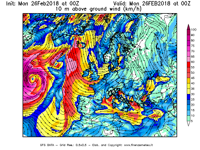 Mappa di analisi GFS - Velocità del vento a 10 metri dal suolo [km/h] in Europa
							del 26/02/2018 00 <!--googleoff: index-->UTC<!--googleon: index-->