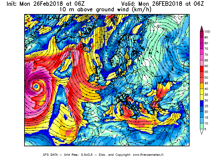 Mappa di analisi GFS - Velocità del vento a 10 metri dal suolo [km/h] in Europa
							del 26/02/2018 06 <!--googleoff: index-->UTC<!--googleon: index-->