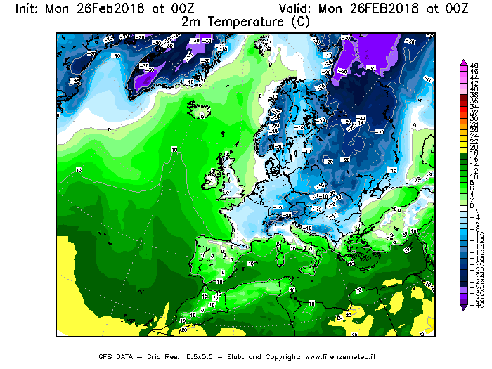 Mappa di analisi GFS - Temperatura a 2 metri dal suolo [°C] in Europa
							del 26/02/2018 00 <!--googleoff: index-->UTC<!--googleon: index-->