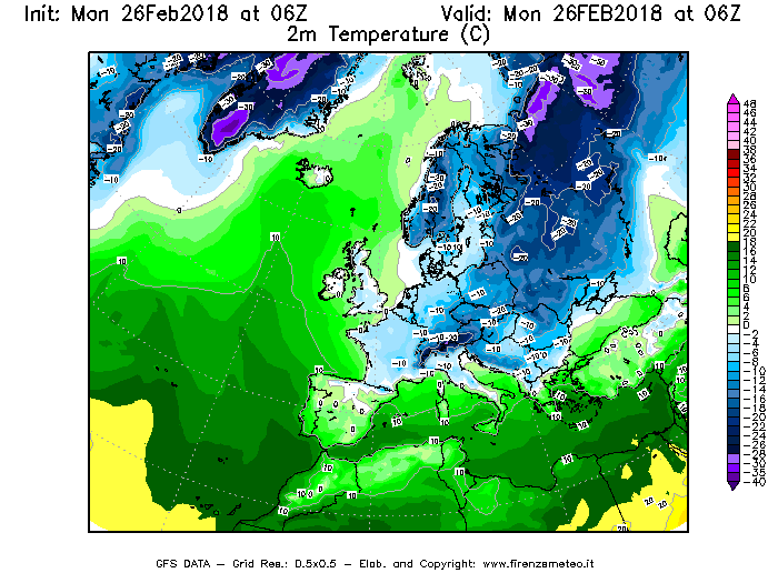 Mappa di analisi GFS - Temperatura a 2 metri dal suolo [°C] in Europa
							del 26/02/2018 06 <!--googleoff: index-->UTC<!--googleon: index-->