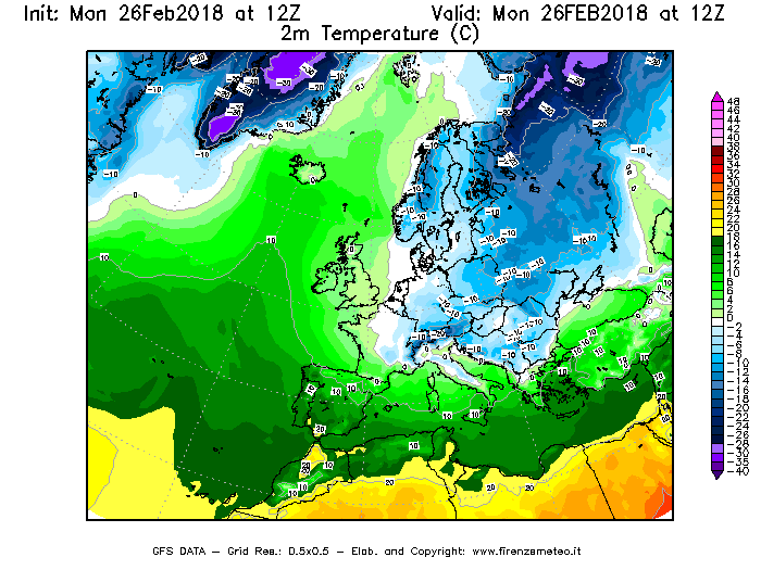 Mappa di analisi GFS - Temperatura a 2 metri dal suolo [°C] in Europa
							del 26/02/2018 12 <!--googleoff: index-->UTC<!--googleon: index-->