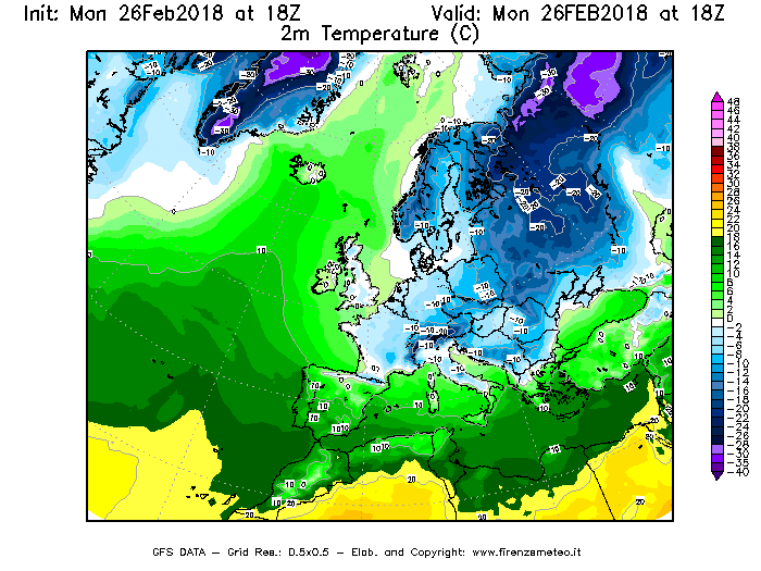 Mappa di analisi GFS - Temperatura a 2 metri dal suolo [°C] in Europa
							del 26/02/2018 18 <!--googleoff: index-->UTC<!--googleon: index-->