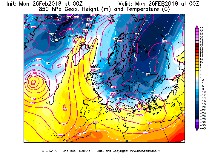 Mappa di analisi GFS - Geopotenziale [m] e Temperatura [°C] a 850 hPa in Europa
							del 26/02/2018 00 <!--googleoff: index-->UTC<!--googleon: index-->