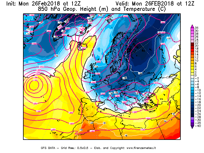 Mappa di analisi GFS - Geopotenziale [m] e Temperatura [°C] a 850 hPa in Europa
							del 26/02/2018 12 <!--googleoff: index-->UTC<!--googleon: index-->