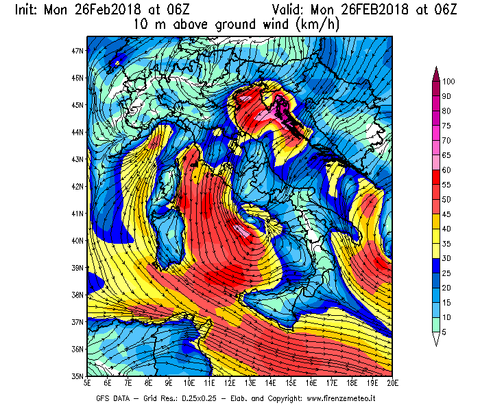Mappa di analisi GFS - Velocità del vento a 10 metri dal suolo [km/h] in Italia
							del 26/02/2018 06 <!--googleoff: index-->UTC<!--googleon: index-->