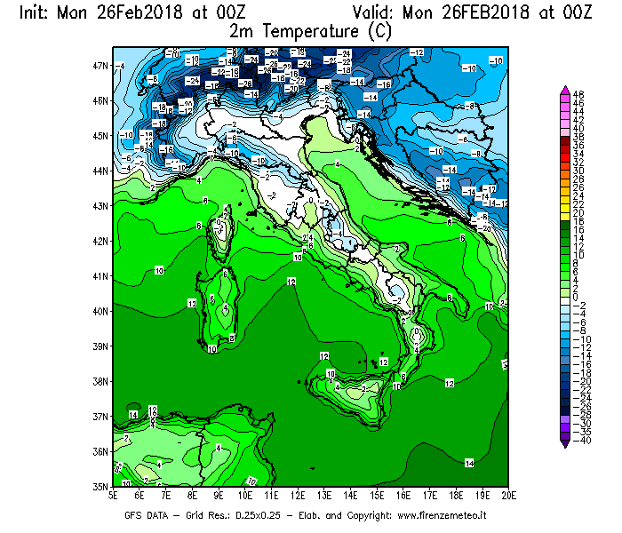 Mappa di analisi GFS - Temperatura a 2 metri dal suolo [°C] in Italia
							del 26/02/2018 00 <!--googleoff: index-->UTC<!--googleon: index-->
