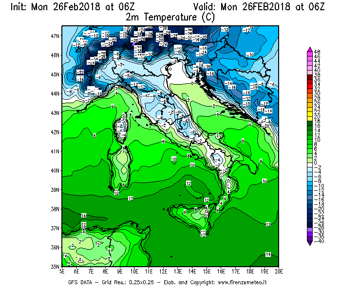 Mappa di analisi GFS - Temperatura a 2 metri dal suolo [°C] in Italia
							del 26/02/2018 06 <!--googleoff: index-->UTC<!--googleon: index-->