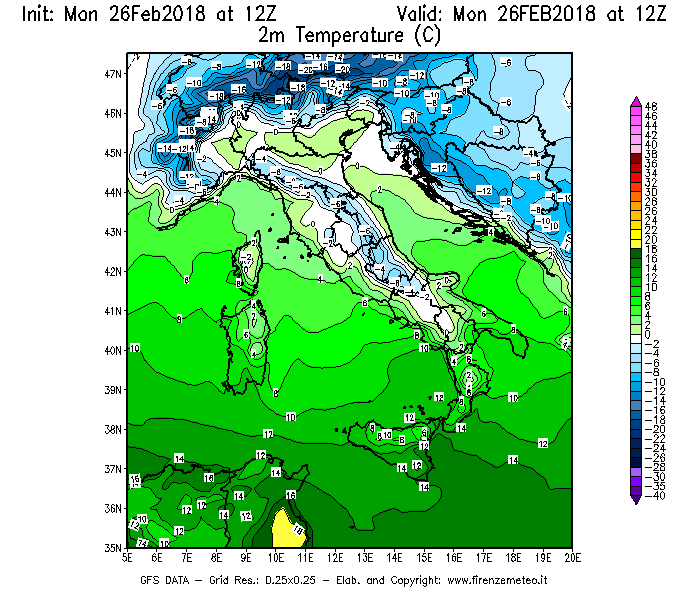 Mappa di analisi GFS - Temperatura a 2 metri dal suolo [°C] in Italia
							del 26/02/2018 12 <!--googleoff: index-->UTC<!--googleon: index-->