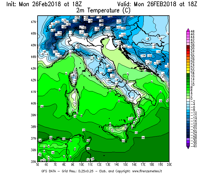 Mappa di analisi GFS - Temperatura a 2 metri dal suolo [°C] in Italia
							del 26/02/2018 18 <!--googleoff: index-->UTC<!--googleon: index-->