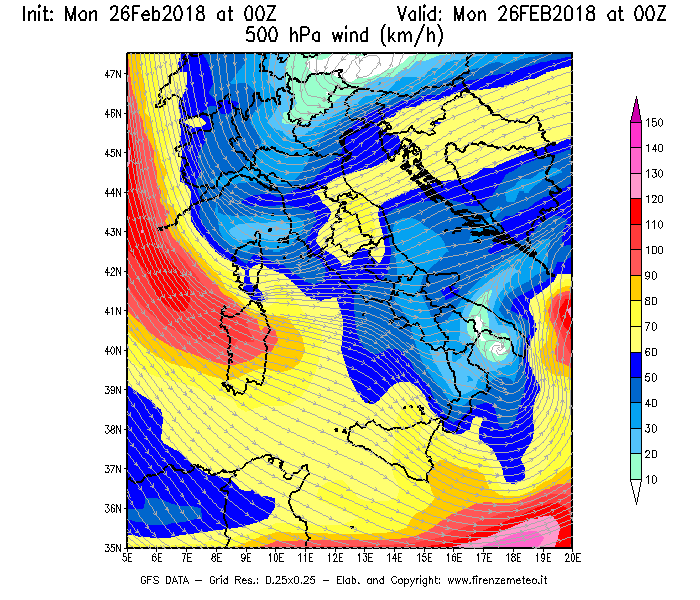 Mappa di analisi GFS - Velocità del vento a 500 hPa [km/h] in Italia
							del 26/02/2018 00 <!--googleoff: index-->UTC<!--googleon: index-->
