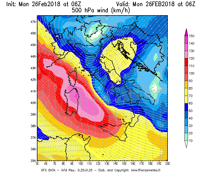 Mappa di analisi GFS - Velocità del vento a 500 hPa [km/h] in Italia
							del 26/02/2018 06 <!--googleoff: index-->UTC<!--googleon: index-->