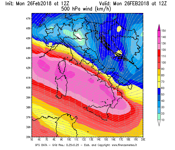 Mappa di analisi GFS - Velocità del vento a 500 hPa [km/h] in Italia
							del 26/02/2018 12 <!--googleoff: index-->UTC<!--googleon: index-->