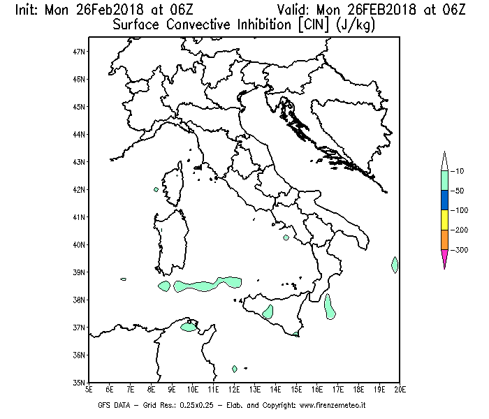 Mappa di analisi GFS - CIN [J/kg] in Italia
							del 26/02/2018 06 <!--googleoff: index-->UTC<!--googleon: index-->