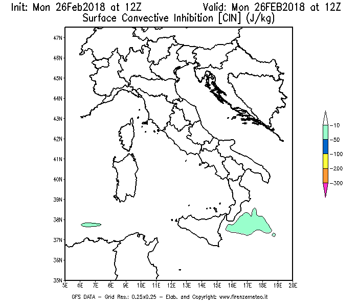 Mappa di analisi GFS - CIN [J/kg] in Italia
							del 26/02/2018 12 <!--googleoff: index-->UTC<!--googleon: index-->