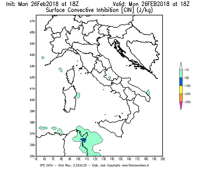 Mappa di analisi GFS - CIN [J/kg] in Italia
							del 26/02/2018 18 <!--googleoff: index-->UTC<!--googleon: index-->