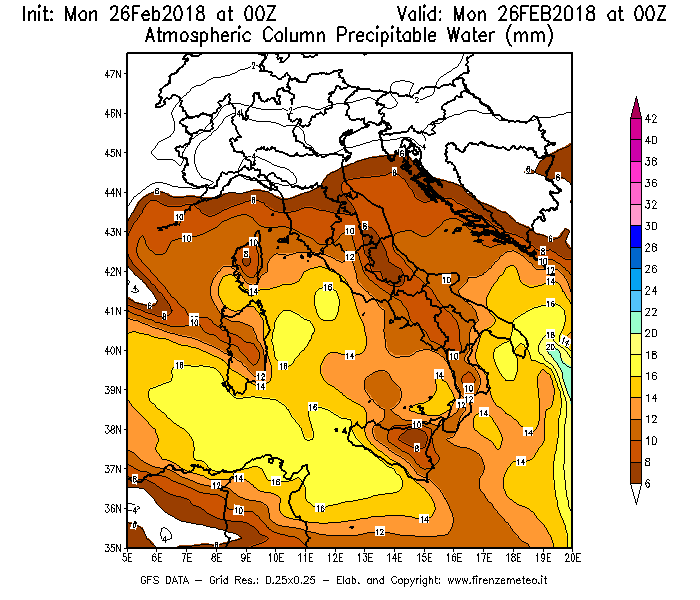 Mappa di analisi GFS - Precipitable Water [mm] in Italia
							del 26/02/2018 00 <!--googleoff: index-->UTC<!--googleon: index-->