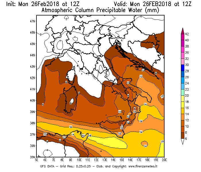 Mappa di analisi GFS - Precipitable Water [mm] in Italia
							del 26/02/2018 12 <!--googleoff: index-->UTC<!--googleon: index-->