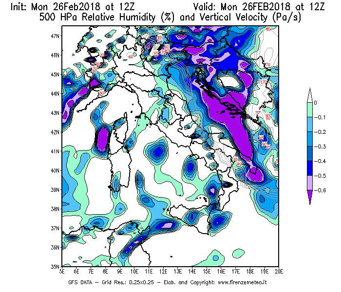 Mappa di analisi GFS - Umidità relativa [%] e Omega [Pa/s] a 500 hPa in Italia
							del 26/02/2018 12 <!--googleoff: index-->UTC<!--googleon: index-->