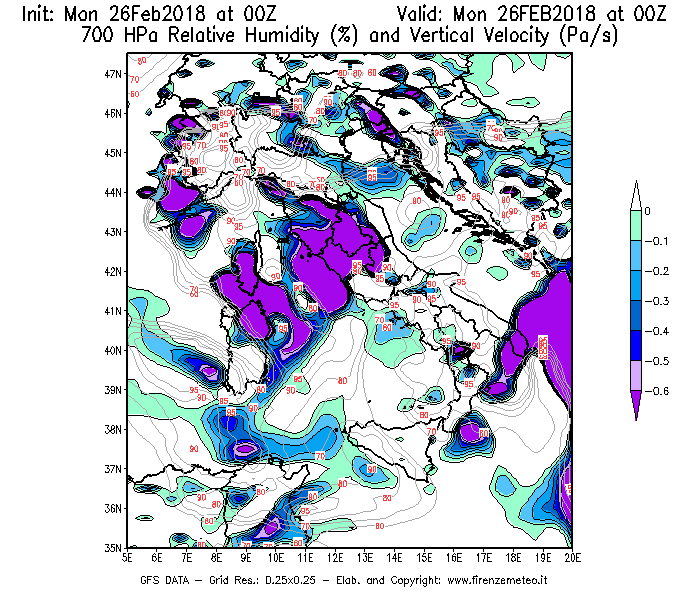 Mappa di analisi GFS - Umidità relativa [%] e Omega [Pa/s] a 700 hPa in Italia
							del 26/02/2018 00 <!--googleoff: index-->UTC<!--googleon: index-->