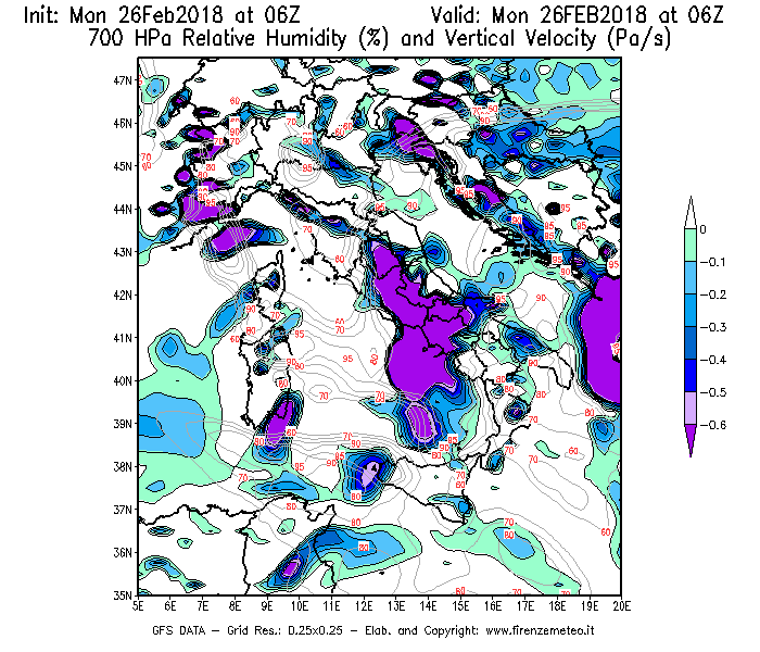 Mappa di analisi GFS - Umidità relativa [%] e Omega [Pa/s] a 700 hPa in Italia
							del 26/02/2018 06 <!--googleoff: index-->UTC<!--googleon: index-->
