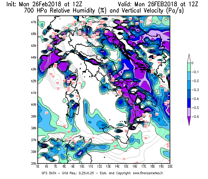 Mappa di analisi GFS - Umidità relativa [%] e Omega [Pa/s] a 700 hPa in Italia
							del 26/02/2018 12 <!--googleoff: index-->UTC<!--googleon: index-->