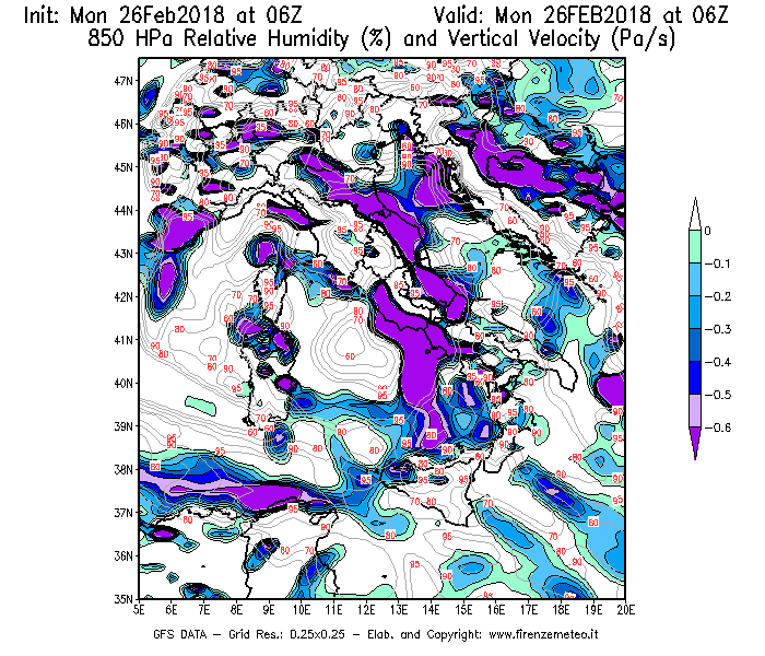 Mappa di analisi GFS - Umidità relativa [%] e Omega [Pa/s] a 850 hPa in Italia
							del 26/02/2018 06 <!--googleoff: index-->UTC<!--googleon: index-->