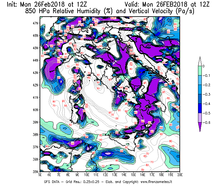Mappa di analisi GFS - Umidità relativa [%] e Omega [Pa/s] a 850 hPa in Italia
							del 26/02/2018 12 <!--googleoff: index-->UTC<!--googleon: index-->